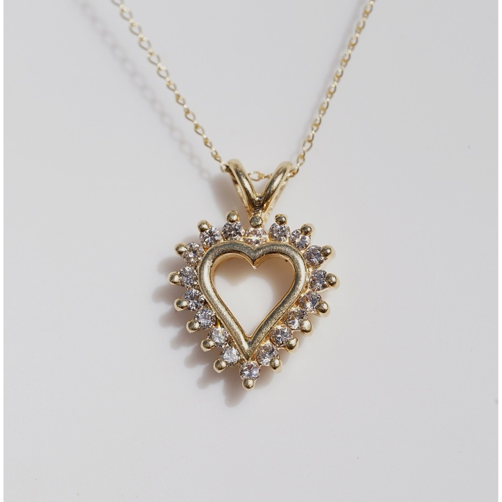Vintage 14k Solid Yellow Gold Open Heart Natural Earth Mined Diamond Pendant